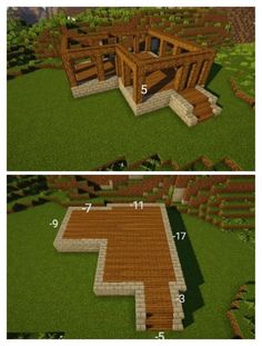 two pictures showing how to build a wooden house in minecraft, with the steps and roof made out of bricks