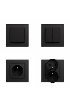 four different black electrical outlets on a white wall