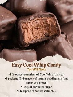 a pile of chocolate covered candy sitting on top of a piece of parchment paper with the words easy cool whip candy