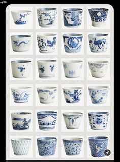 many blue and white bowls are shown in this image, with different designs on them