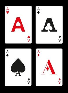 four playing cards with the letters a, b, and c in red on them