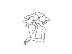 a black and white drawing of a person with clouds above their head