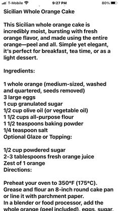 an orange cake recipe is shown with instructions