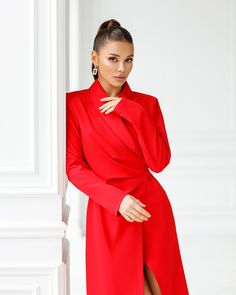 Fabric: Crepe Cotton 75%, Polyester 20%, Elastane 5% Wrap dress Collared neckline Long sleeves Midi length Colors: White, Red, Black, Blue Red Blazer Dress For Formal Fall Occasions, Red Blazer Dress For Formal Fall Events, Fitted Long Sleeve Red Blazer Dress, Fitted Red Long Sleeve Blazer Dress, Red Fitted Long Sleeve Blazer Dress, Fitted Red Mini Dress For Office, Red Fitted Mini Dress For Office, Red Knee-length Office Mini Dress, Elegant Red Mini Dress For Fall