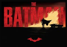 the batman movie poster is shown in red and black with an image of a man holding a bat