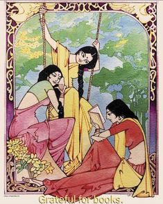 an image of two women on a swing with flowers in their hand and one woman holding a book