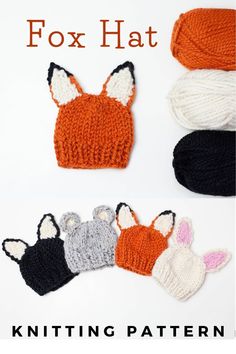 three knitted fox hats with the words fox hat knitting pattern on top and bottom