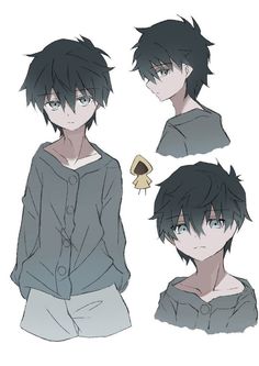 some anime characters with black hair and blue eyes, one is wearing a gray shirt