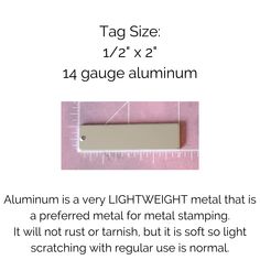 the aluminum stamp is shown with measurements for each item