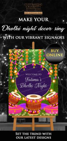 a poster with the words welcome to our vibrant night and an image of drums on it