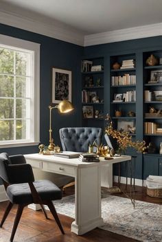 home interior design, interior bedroom design, kitchen designs, living room interior Teal Office Decor Ideas, Teal Office Decor, Dark Blue Office, Teal Office, Blue Office, Cozy Home Office