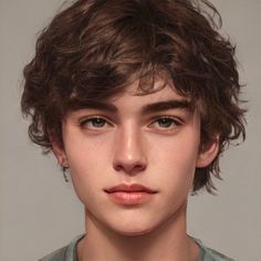 a young boy with brown hair and blue eyes looks at the camera while wearing a gray t - shirt