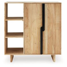 the sideboard is made out of wood and has two open shelves on one side