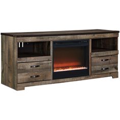 an entertainment center with a fireplace in the middle and two drawers on each side,