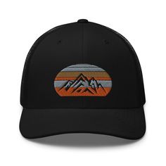 Retro design trucker style cap with mountain theme. For your favorite outdoor person. Get away to the bliss of the mountains and river trucker baseball cap. Snapback for adjustment for head size. Ponytail hole for the ladies or dudes. Great boyfriend gift if searching for something that says it all ( love for being outside that is). Super cool Dad hat --he can bend the bill to his liking. Retro designs are always in style. Can't go wrong with this boyfriend gift. Big stocking stuffer.   This six Trucker Hat With Curved Visor For Outdoor, Trucker Hat With Curved Bill For Camping, Camping Trucker Hat With Curved Bill, Trucker Style Snapback Hat For Camping, Trucker Six-panel Snapback Hat For Camping, Curved Bill Trucker Hat For Camping, Trucker Hat With Curved Brim For Camping, Trucker Snapback Hat For Camping, Curved Brim Trucker Hat For Camping