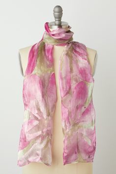 Silk Scarf - Okanos Flower Collection is inspired by the seasonal change from summer to fall, out breathing of beauty in colors . Scarves are hand painted on silk double woven fabric. After the fabric goes through the degumming process and is painted, the silk has a wonderful sheen and texture. Okanos use of color and hand painting captures the language of calm. Hand Dyed Silk Scarf For Summer, Artistic Silk Scarf For Spring, Spring Artistic Silk Scarf, Pink Silk Scarf, Flower Collection, Summer To Fall, Artful Home, Alcohol Inks, Hand Painting