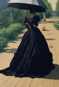 a painting of a woman in a black dress holding an umbrella on a wooden walkway