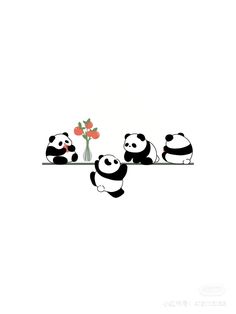 three pandas are sitting on a shelf with flowers in the vase and one is holding a flower