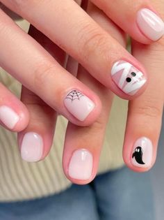 short Korean Halloween Nails: milky white nails Halloween Nail Designs Natural Nails Short, Cute Short Holloween Nails, Gel Polish Nail Designs On Natural Nails Halloween, Halloween Easy Nails Short, Easy Witch Nails, White Mummy Nails, Halloween Easy Nail Art, Milky White Nails Halloween, Short Mummy Nails