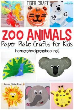 zoo animals paper plate crafts for kids with text overlay that reads, zoo animals paper plate crafts for kids