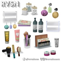 an assortment of beauty products displayed on a white background with the words rvn above it