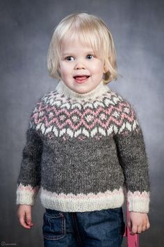 A cute little lopi-sweater for toddlers and kids. A traditional Icelandic yoke and high neck to keep warm during cold winter months.The sweater can be knitted in variety of color combinations and suits both boys and girls.If you can't find Létt-lopi or if you want to use something softer, try Cascade 220 wool.The pattern is available in both English and Icelandic. Punto Fair Isle, Frost Pattern, Kids Knitting Patterns, Icelandic Sweaters, Fair Isle Knitting Patterns, Sweater Trends, Fair Isle Knitting, Favorite Sweater, Knitting For Kids