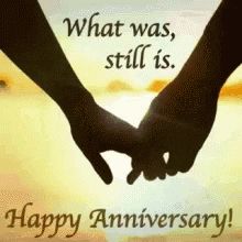 two people holding hands with the words what was still is happy anniversary