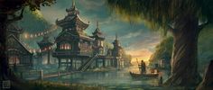 an artistic painting of a chinese village by the water