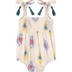 A sweet shoulder tie romper perfect for long days at the pool or beach. Snap bottom closure. | Mer St. Barth | Baby Zoe Shoulder-Tie Romper, Gold Blue (Multicolor, Size 12-18M) | Maisonette collects the best children’s products from around the world (unlike Zulily, Etsy, The Tot, Farfetch Kids, Childrensalon, Crate and Kids, Kohls, Wayfair, Buy Buy Baby, Nordstroms, Mini Boden, J.Crew Factory, or PotteryBarn Kids), creating a curated shopping experience for you. Think of us as your shortcut to fashion for litte ones! Beach Snap, Coverall Jumpsuit, Sleepwear Dress, Swimming Bathing Suits, Bathing Suit Top, St Barth, Baby Outfit, Buy Buy, Buy Buy Baby