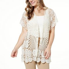 Nina Leonard Open Front Crochet Cardigan  This timeless cardigan is a must-have, year-round staple. Worn over sleeveless tops or dresses, the intricate floral crochet design displays a perfectly pretty peek-a-boo style. Cream V-neck Summer Outerwear, Open Knit Top With Open Front For Spring, Elegant Crochet Top For Layering, Knit Open Front Top For Summer, Spring Lace Crochet Layered Top, Bohemian Short Sleeve Spring Outerwear, Open Front Knit Top For Summer, Spring Lace Crochet Top For Layering, Short Sleeve Summer Outerwear For Beach