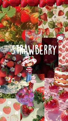 a collage of strawberries and strawberrys with the words strawberry on them in white letters