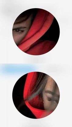 two circular images of a woman's face with red scarf around her neck and eyes