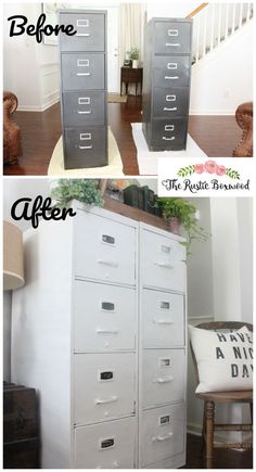 before and after photos of an old filing cabinet