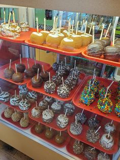 a display case filled with lots of different types of donuts and cake popss