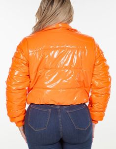 50% Polyester 50% PU Zipper in front Front pockets Product color as seen on a monitor may vary slightly compared to actual items due to photography lighting conditions and individual screen color calibration. Neon Cowgirl, Jacket Coat Fashion, Bright Shorts, Bubble Coat, Cropped Puffer Jacket, Orange Jacket, Looks Black, Color Shorts, Short Jacket