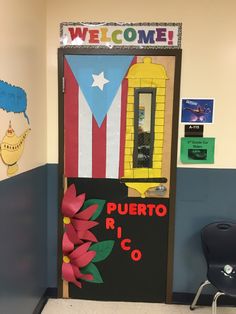 the door to puerto rico's office is decorated with flowers and an american flag