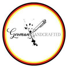 the german handcrafted logo is shown in black and white, with an orange circle around it