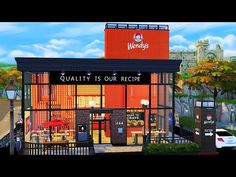 an animated image of a restaurant called wendy's with cars parked in front of it