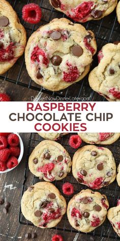 raspberry chocolate chip cookies on a cooling rack