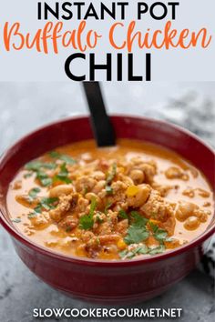 instant pot buffalo chicken chili in a red bowl with text overlay that reads instant pot buffalo chicken chili