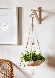 a potted plant hanging from a hook on a wall next to a wicker chair