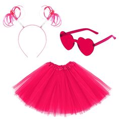 PRICES MAY VARY. 3 Costume Party Accessories Set: 1 pcs girls tulle tutu skirt, 1 pcs feathers ponytails headband and 1 pcs heart shape sunglassess. Material: The hot pink tutu skirt is polyester, the pom pom headband is artificial feathers and plastic, and party sunglasses are PC. Size: The bubble skirt length 15.75inchs/40cm, waist length 21inchs/53cm. The ponytail party headband is 6.3 inches/16cm long and 4.34 inches/11cm wide, with a removable spring and hair length of 3.15 inches/8cm. 3 La Ponytail Party, Halloween Tutu Costumes, Ponytail Headband, Running Tutu, Ballet Skirts, Birthday Princess Dress, Pom Pom Headband, Pink Tutu Skirt, Skirts For Girls