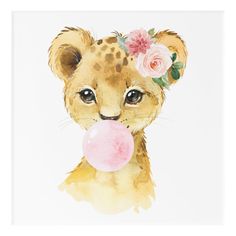 a watercolor painting of a baby cheetah chewing on a pink bubble