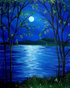 a painting of trees and water at night