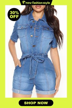 The cowboy blue Fashion Casual Solid Patchwork Turndown Collar Short Sleeve Regular Denim Romper Long Sleeve Playsuit, Tie Waist Shorts, Janet Guzman, Fitted Jumpsuit, Zipper Shorts, Fall Denim, Denim Pants Women, The Cowboy, Casual Rompers