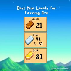 the best mine levels for farming one, copper, iron and gold are shown in this screenshot