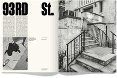 an open book with black and white photos on the pages, showing steps leading up to a