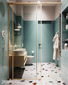 a bathroom with blue walls and floor tiles