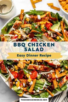 bbq chicken salad in a white bowl with the title text above it that reads, easy dinner recipe