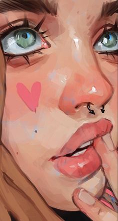 a digital painting of a woman's face with hearts painted on her cheek and nose